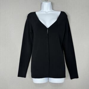 Open Edit Womens Luxe Sculpt Cardigan Sweater L Black Rib Snap Button Academia